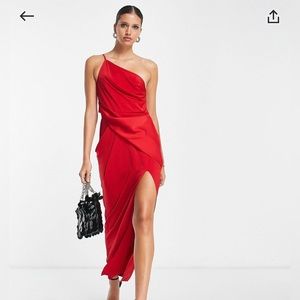 Red Satin One Shoulder Midi Wedding Guest Bridesmaid Dress Size 0 NWT